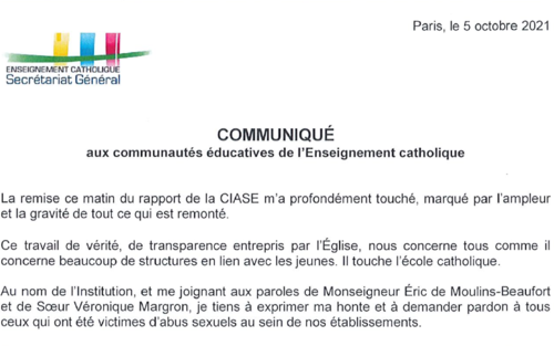 Communiqu&eacute; du Secr&eacute;taire G&eacute;n&eacute;ral de l'Enseignement Catholique - CIASE